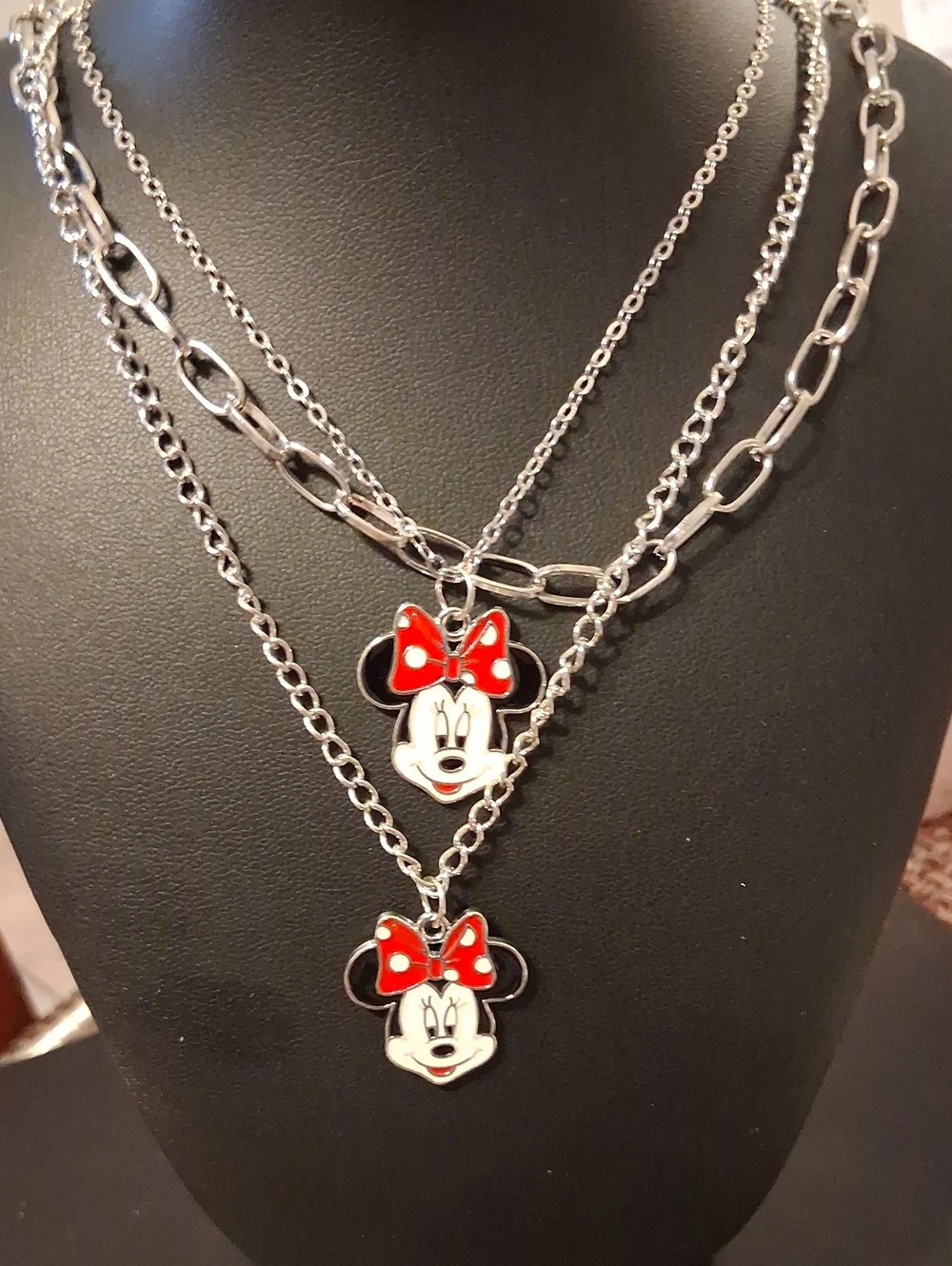 Layered Minnie Mouse Necklace Silvertone Fashion New